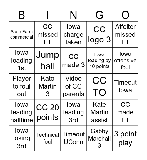 Iowa Women's Basketball Bingo Card