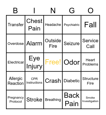 Medical/Fire Bingo Card