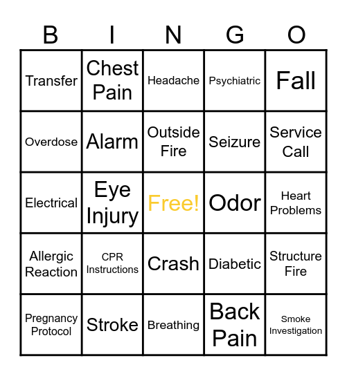 Medical/Fire Bingo Card