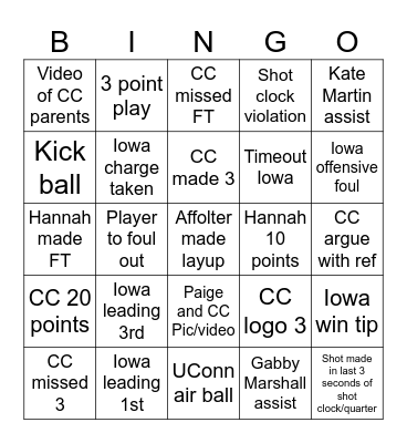 Iowa Women's Basketball Bingo Card