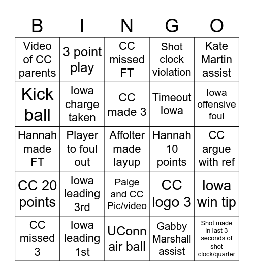 Iowa Women's Basketball Bingo Card