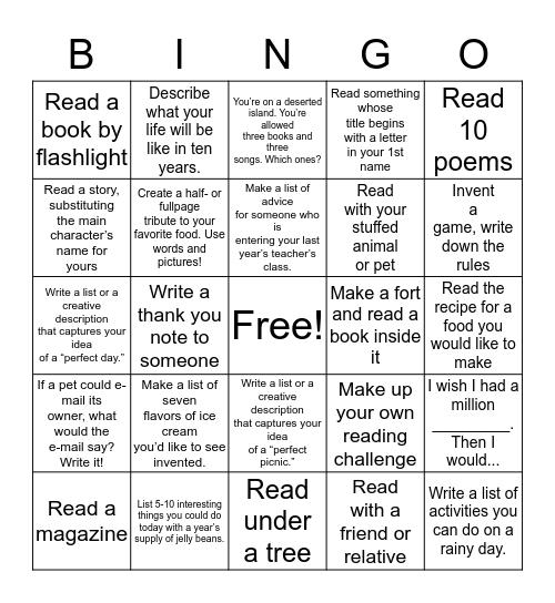 Summer Reading and Writing Bingo Card