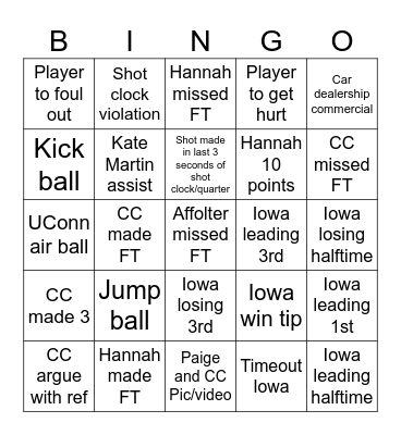 Iowa Women's Basketball Bingo Card