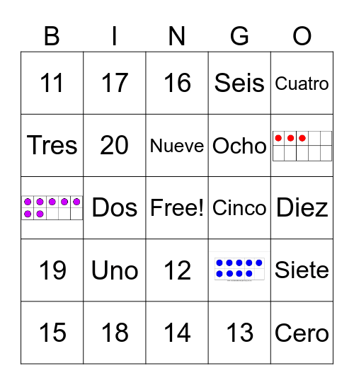 Numbers 1-20 Bingo Card