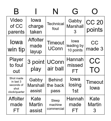 Iowa Women's Basketball Bingo Card