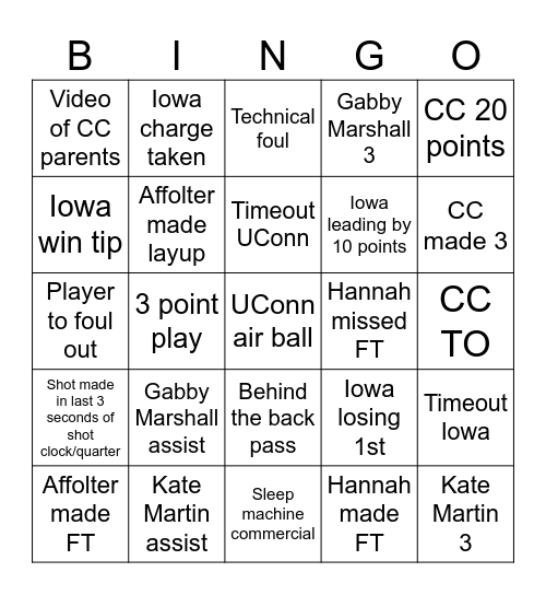 Iowa Women's Basketball Bingo Card