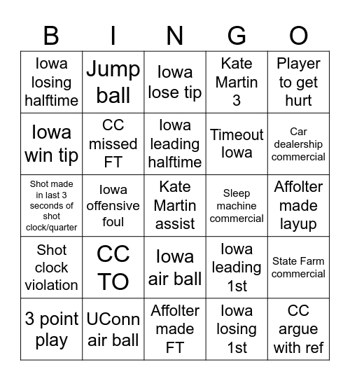 Iowa Women's Basketball Bingo Card