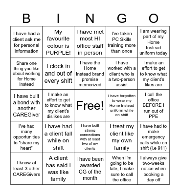 CAREGiver Icebreaker Bingo Card