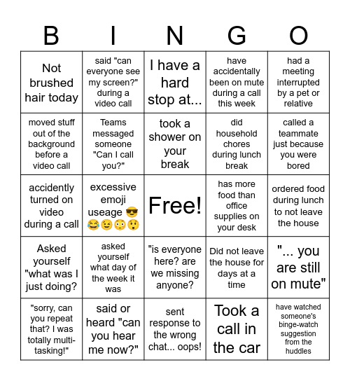 The life of a remote worker Bingo Card