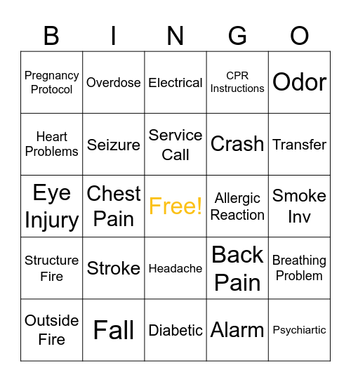 Medical And Fire Call Bingo Card