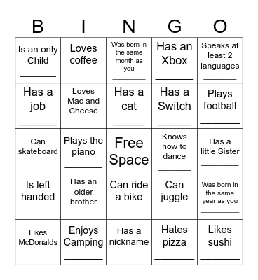 Getting to know each other Bingo Card