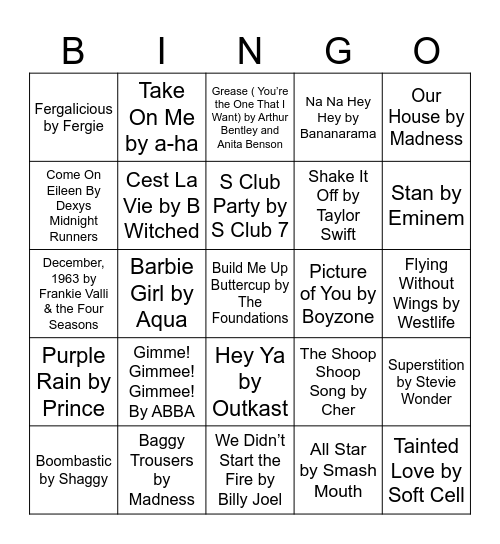 Music Bingo 80s, 90s, 00s Bingo Card