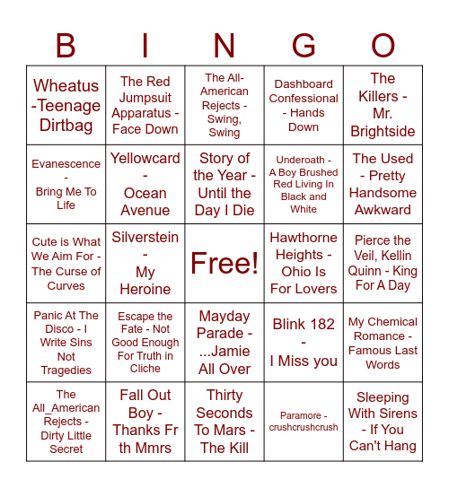 EMO Night Bingo Card