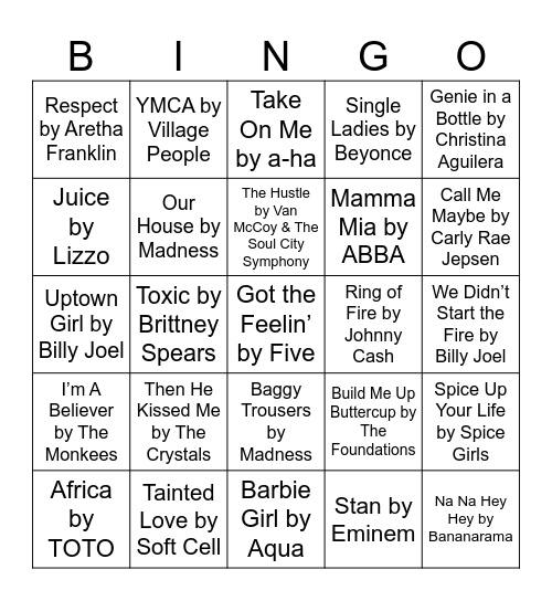 Music Bingo 80s, 90s, 00s Bingo Card