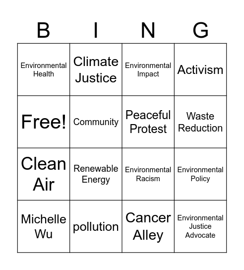 Environmental Justice Bingo Card