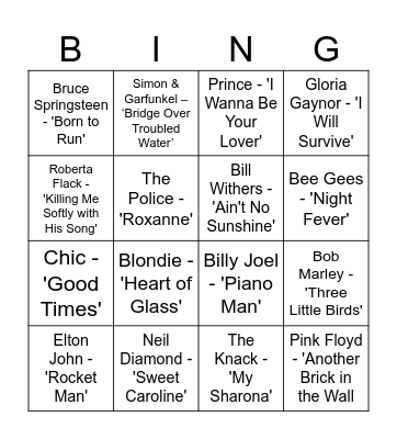 Music Bingo 70s Bingo Card