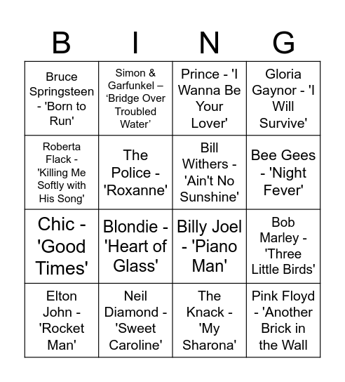 Music Bingo 70s Bingo Card