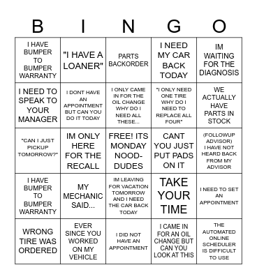 SERVICE ADVISOR BING Bingo Card
