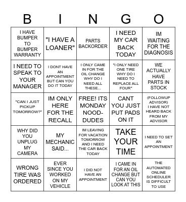 SERVICE ADVISOR BING Bingo Card