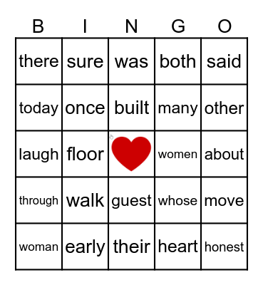 Heart Words Bingo Card