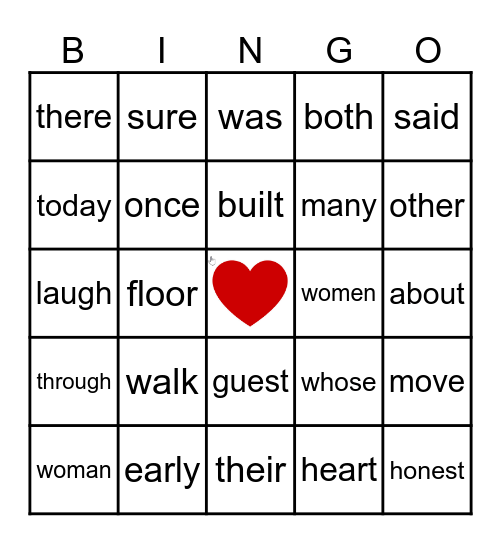 Heart Words Bingo Card