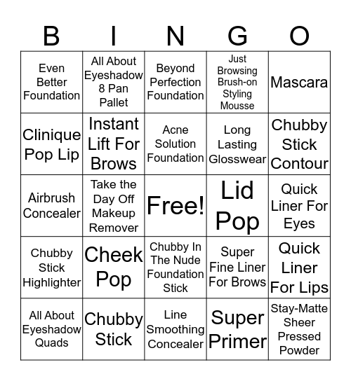 Clinique Bingo  Bingo Card