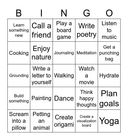 Coping Skills Bingo Card