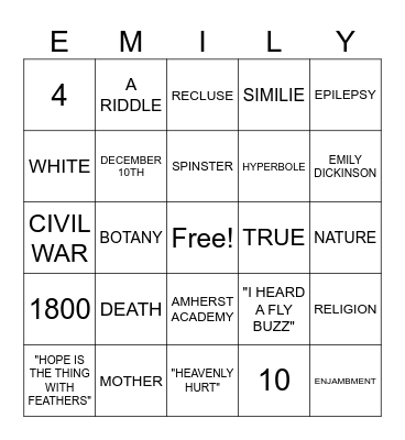 Emily Dickinson Bingo Card