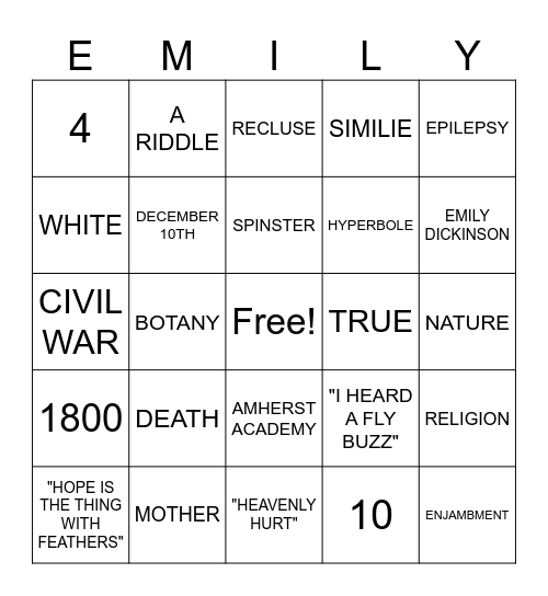 Emily Dickinson Bingo Card