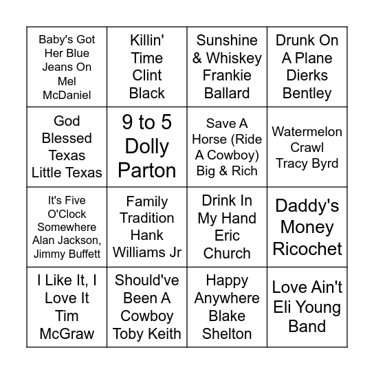 Country Music Bingo Card
