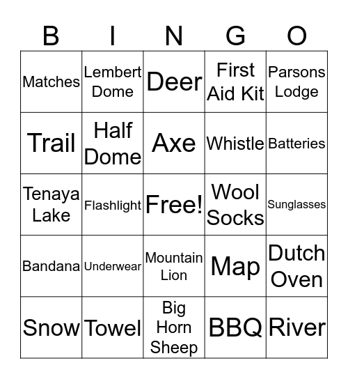 TUOLUMNE MEADOWS CAMPING Bingo Card