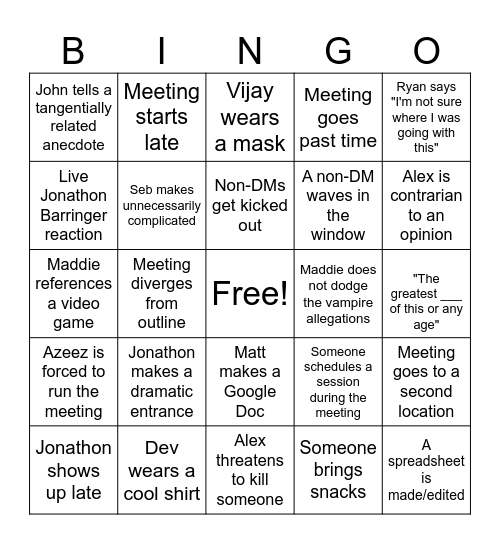 WM DM Meeting Bingo Card