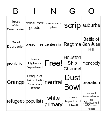 Properity and Great Depression Bingo Card