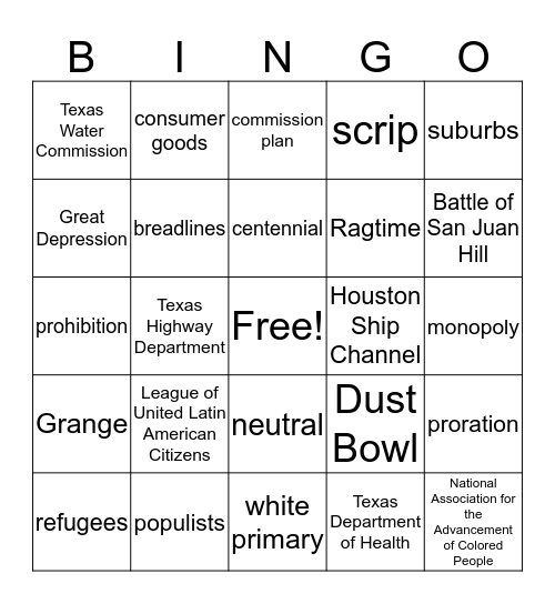 Properity and Great Depression Bingo Card