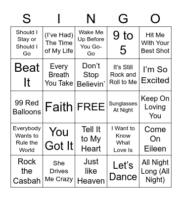 Hits of the 80s Bingo Card
