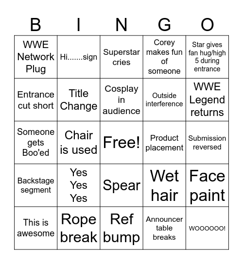 Wrestlemania BINGO Card