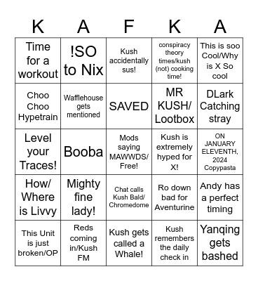 Kushball Stream Bingo Card