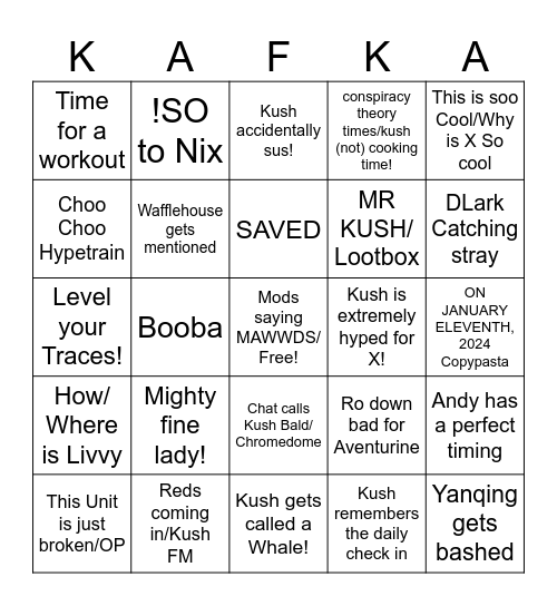 Kushball Stream Bingo Card