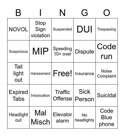 WSUPD Bingo Card