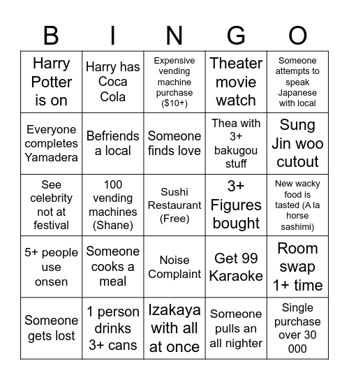 Japan Bingo Card
