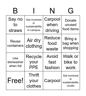 sustainability Bingo Card