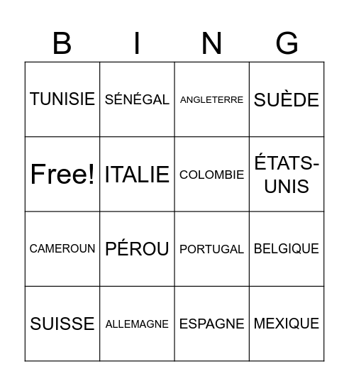 Les Nationalités Bingo Card