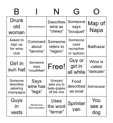 Napa Bachelorette Bingo Card