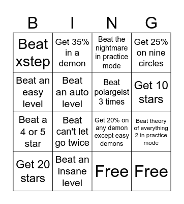 Geometry dash Bingo Card