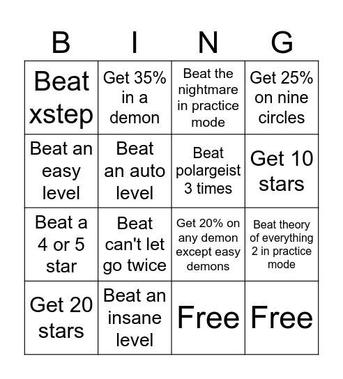 Geometry dash Bingo Card