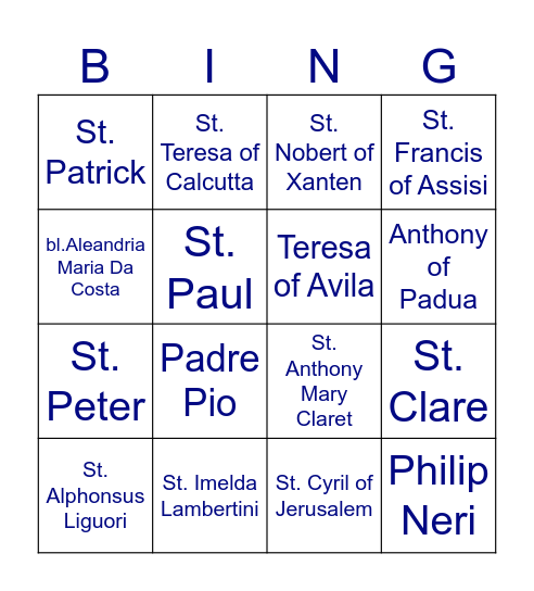 Saint's Bingo Card