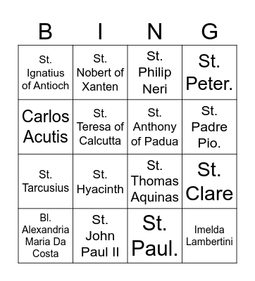 GUESS THE SAINT Bingo Card