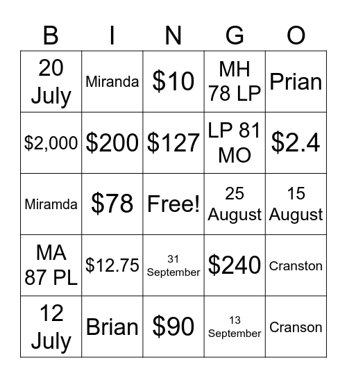 Section 1 Bingo Card