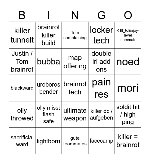 DbD Bingo Card