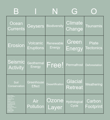 Earth Science Bingo Card